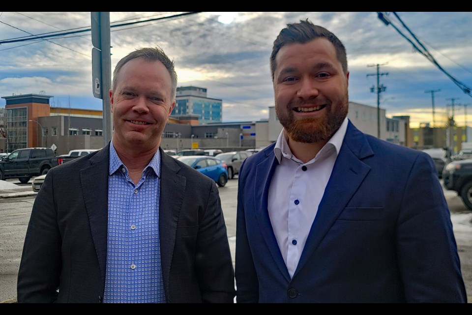 Scott Larson of CO2 Lock, left, and Johnathon Sipos of Cielo Carbon Solutions are partners in a plan to begin a carbon capturing/sequestering project 50 km SW of Prince George. THey spoke about their busibess venture Tuesday at the Future Fuels Forum at the House of Ancestors Uda dune Baiyoh.