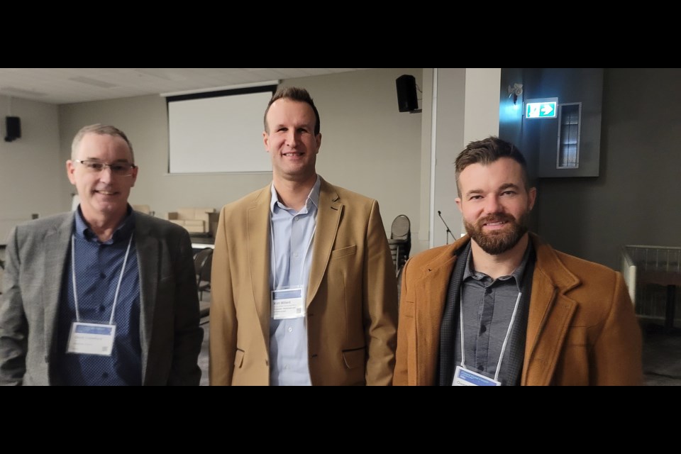 Future Fuels Forum panel speakers, from left, Gord Crawford of Expander Energy Inc.; Matt Millard of Tidewater Midstream Prince George Refinery; and Owen Miller of Deadwood Innovations spoke to the conference audience Monday at House of Ancestors Uda Dune Baiyoh Conference Centre.