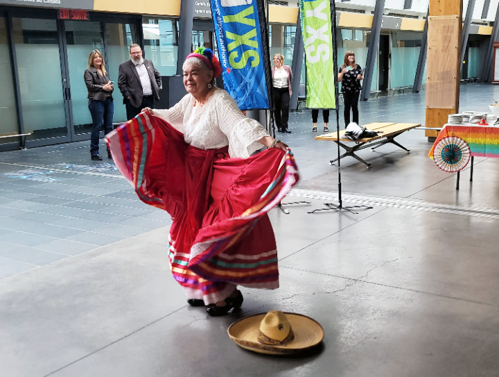 Mexican dancer Celia Schreiver  entertains a media gathering Monday at Prince George Airport to announce the return of direct non-stop flights on WestJet from Prince George to Puerto Vallarta, Mexico, starting Dec. 16.