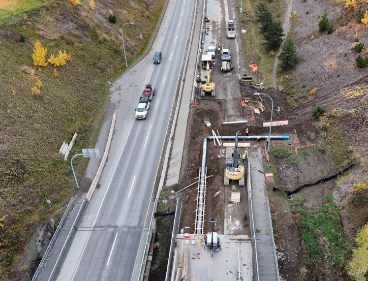 This drone shot shows sewer line infrastucture replacement at the John Hart Bridge on Highway 97  which has kept the southbound lanes closed for nearly two weeks. They should reopen Friday morning.