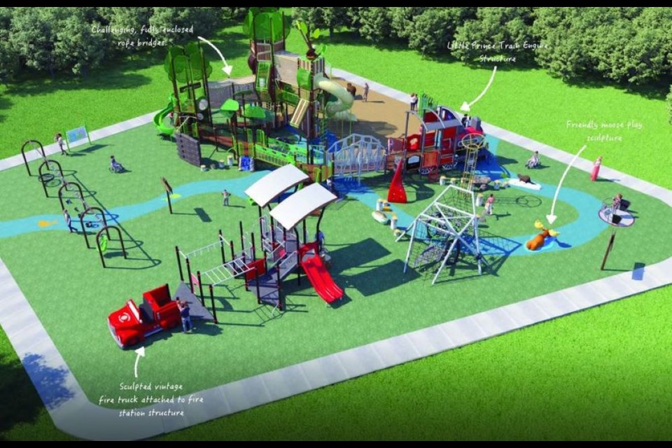 This image is a conceptual rendering of what the new Lheidli T'enneh Memorial Park playground could look like.