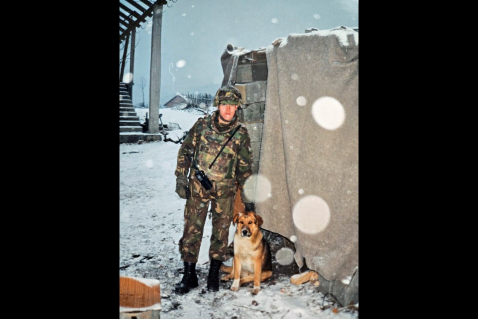 Derk Grooten’s artillery unit set up a patrol base within 800 metres of the “no weapons” demarcation line near Dobretici, Bosnia when they found a stray dog they named Sniper because she was always on their tail and never barked.