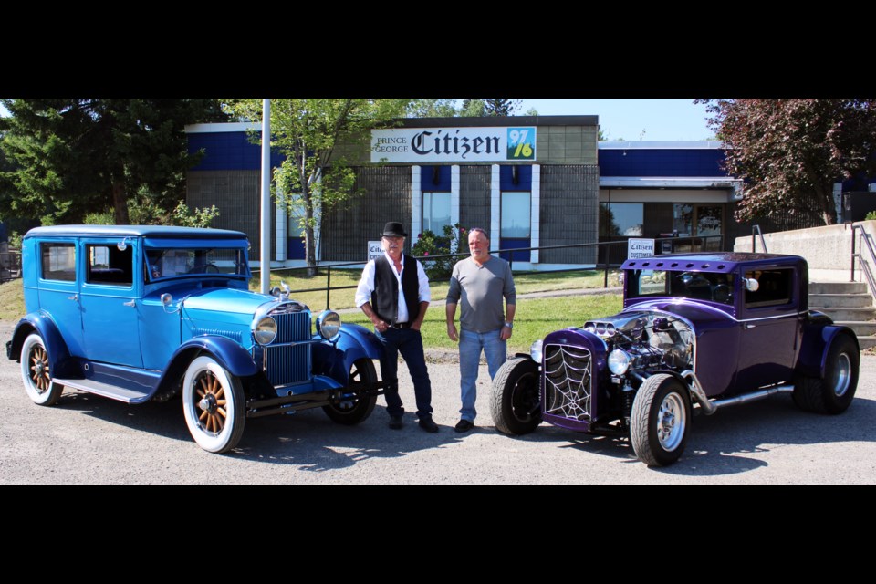 Marius St. Pierre, left, stands next to his 1928 Essex sedan, while Loren Allen flanks his 1929 Hudson coupe.  They will have both cars on display this Sunday at the Cruisin' Classics Show and Shine and Lheidli T'enneh Memorial Park.