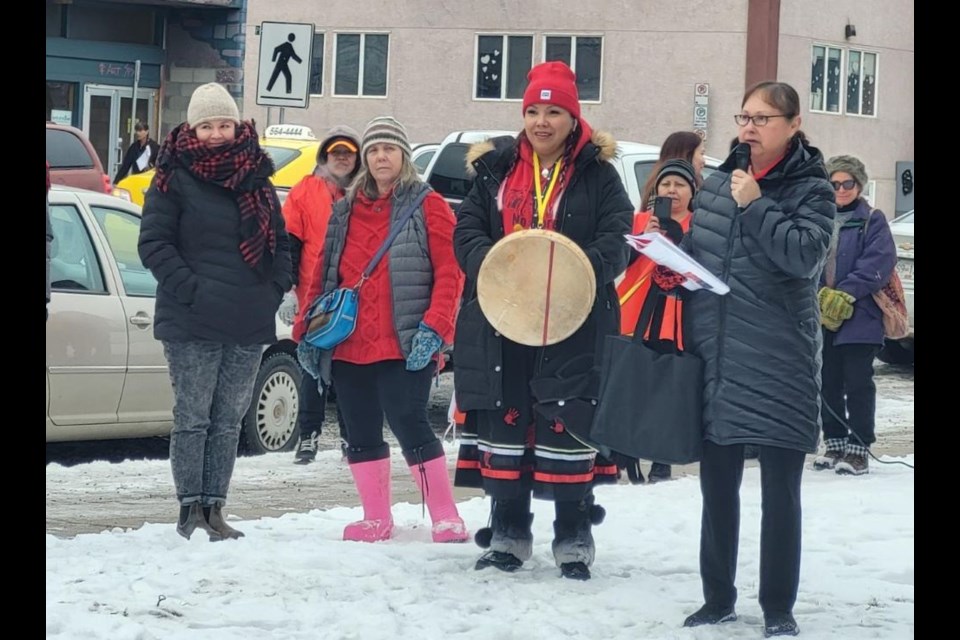 Lheidli T'enneh Elder Darlene McIntosh, right, gave an welcome at the beginning if the Women's Memorial March on Valentine's Day in honour of murdered and missing women.