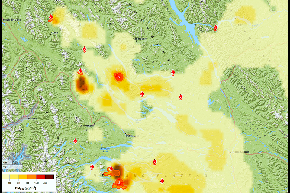 This was the wildfire smoke situation at 7 a.m. Monday, which shows fires west of Prince George as the source of smoke that's drifting into the city airshed, prompting a special air quality statement from Environment Canada.