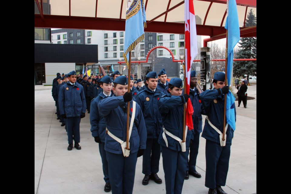 Some of the 61 youths aged 12-19 who are part of the Royal Canadian Air Cadets 396 Prince George Squadron get ready to begin their march from Canada Games Plaza to the Veterans Plaza cenotaph during Remembrance Day ceremonies Saturday morning.