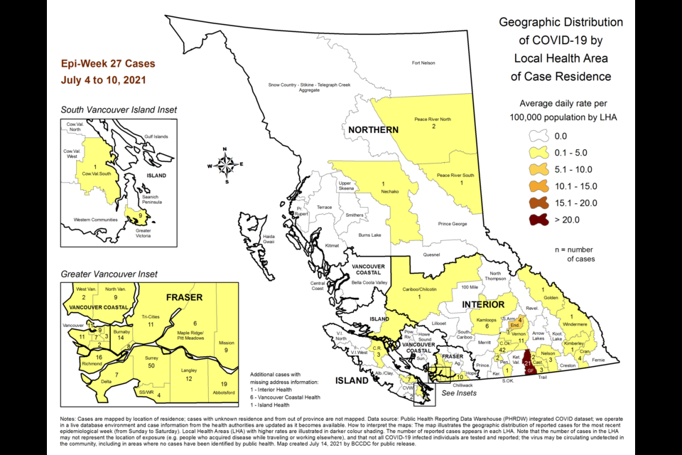 This map shows the location of new COVID-19 cases during the week of July 4 to July 10.