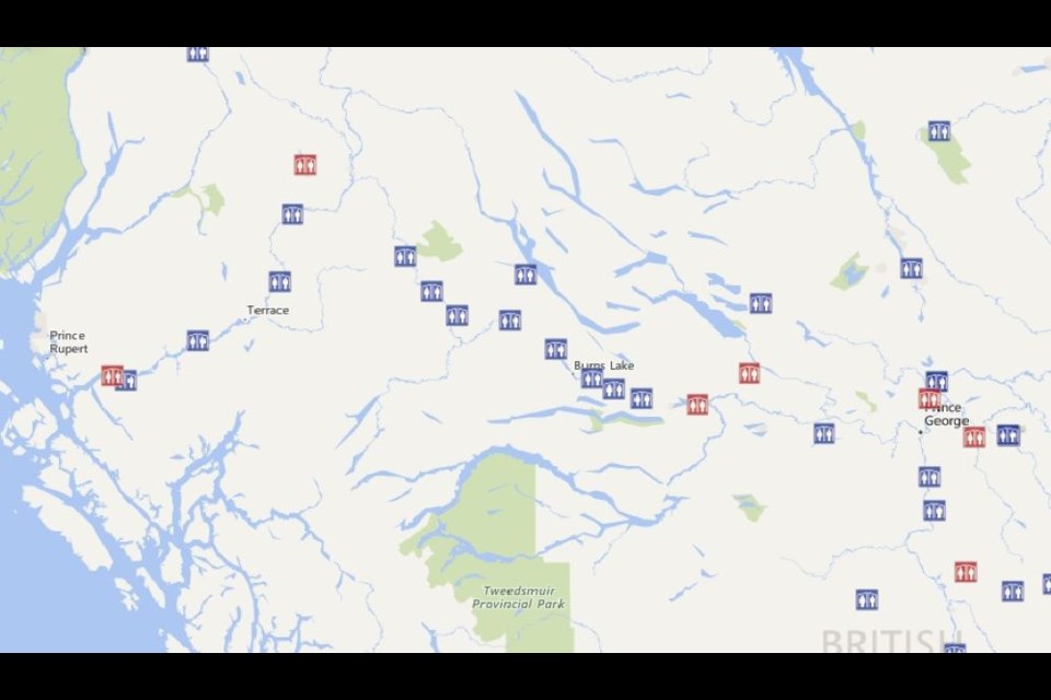 Here is a map of the rest areas offered to those traveling between Prince George and Prince Rupert. There are only two sites with big truck access that have flush toilets available 24-hours a day on the 720 km route.