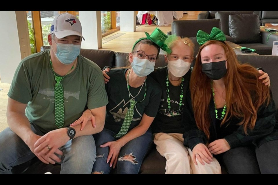 Jocelyn Kerr, third from the left, was diagnosed with cancer in 2021. She and her family spent 172 days at Ronald McDonald House during her treatment at BC Children's Hospital. From left is Geoff Heppner, Carlene Heppner and on the right is Jocelyn's sister Mackenzie Kerr. This was taken during a celebration for St. Patrick's Day in 2021.