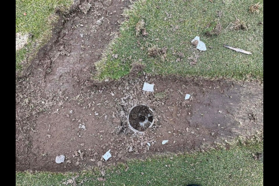 This shows some of the damage done to one of the greens at Omineca Golf and Country Club over the weekend by someone driving a quad or other type of all-terrain vehicle.