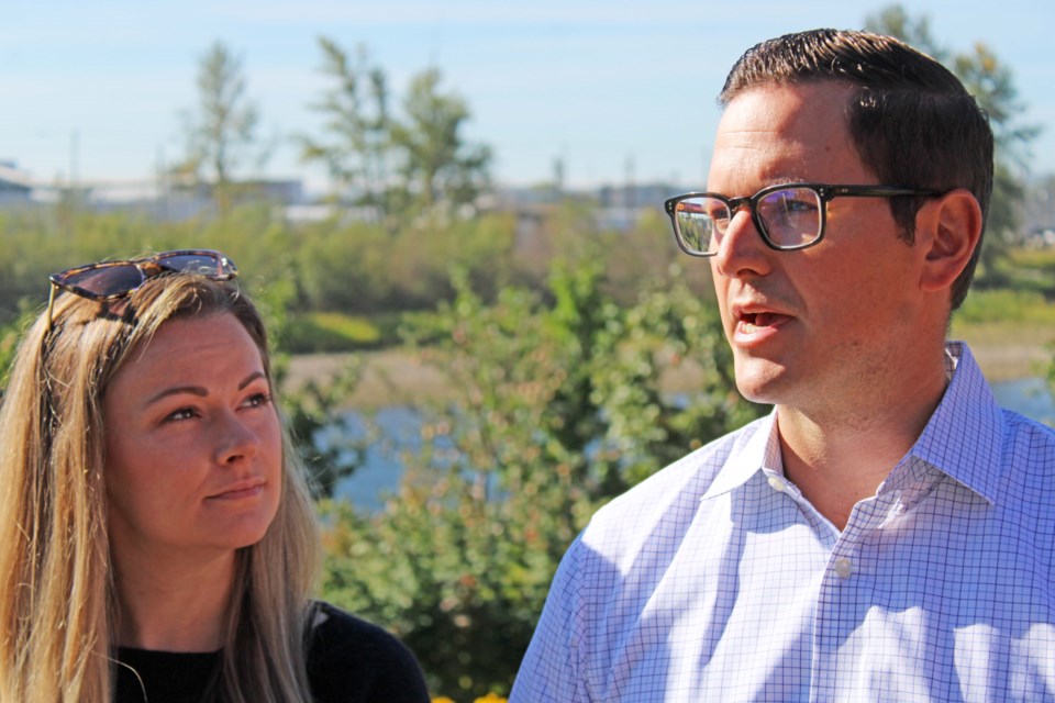 Kiel Giddens, the BC Conservative candidate for Prince George-Mackenzie, stands next to his wife Elyse at a media event at Northern Lights Estate Winery to announce his candidacy on Wednesday, Sept. 4, 2024 in Prince George, B.C.