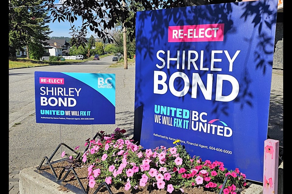 Shirley Bond's BC United campaign signs will not be needed now that party leader Kevin Falcon has withdrawn from the Oct. 19 election campaign and Bond has decided not to run for a seventh term as Prince George-Valemount MLA.