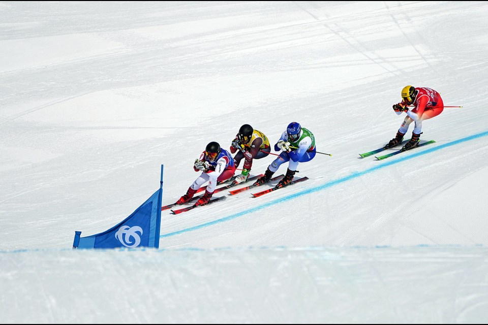 Gavin Rowell of Prince George (second from left) competes in a World Cup ski cross race March 1, 2025 in Gudauri, Georgia. Rowell finished 12th.