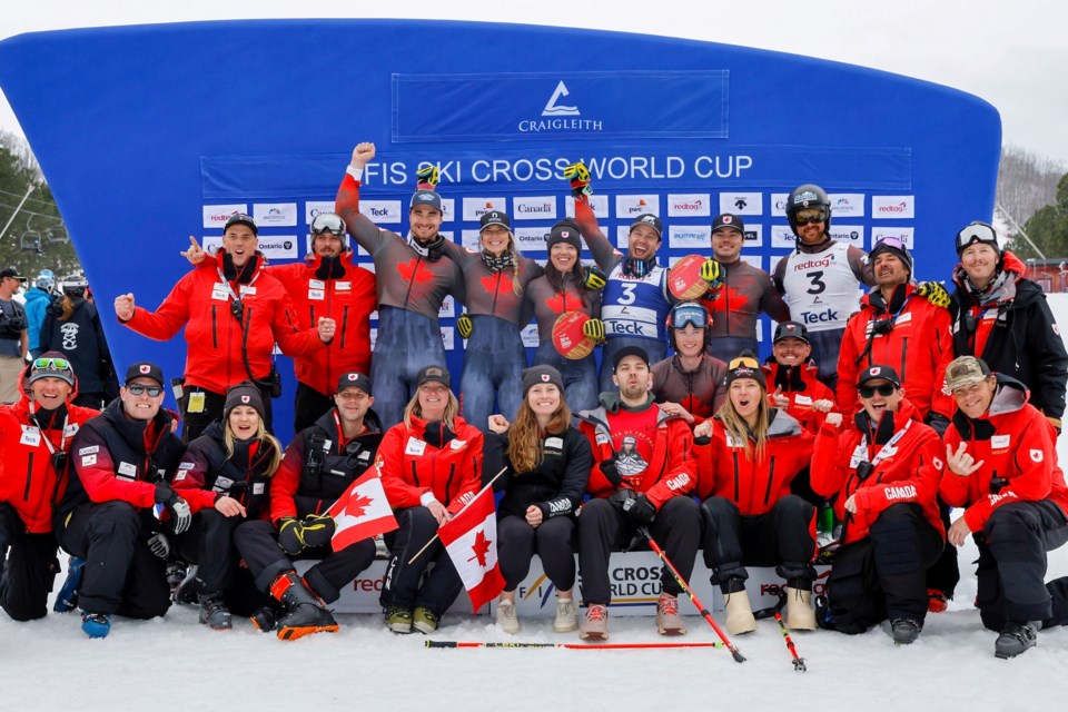 Gavin Rowell of Prince George (back row, second from left) celebrates with his Canadian teammates after he finished sixth overall in Saturday's FIS Word. Cup ski cross race at Craigleith, Ont.