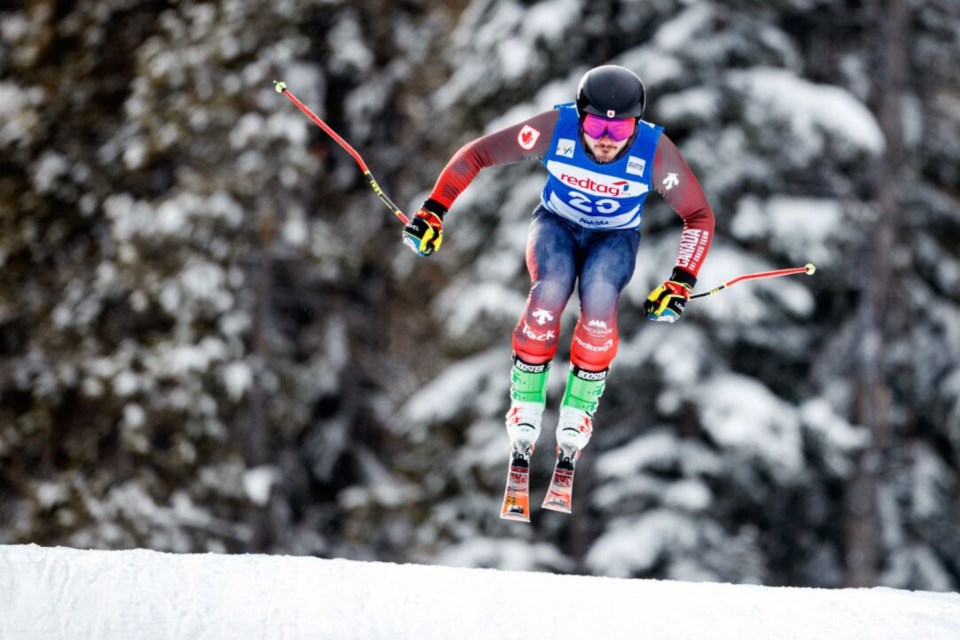Gavin Rowell of Prince George sails over a jump on the World Cup ski cross course in Nakiska, Alta., in January.