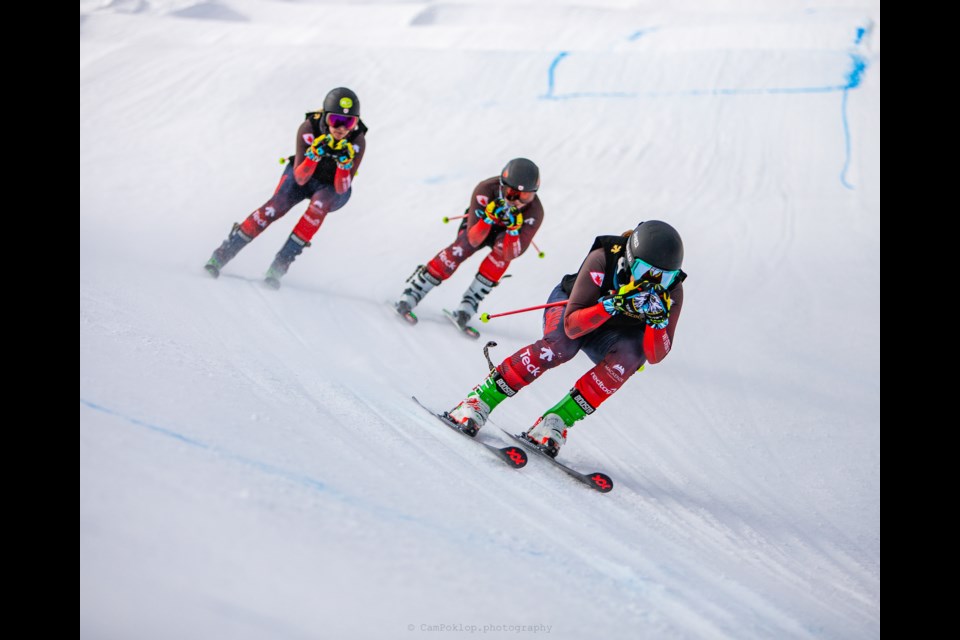 Tiana Gairns  of Prince George (foreground) leads teammates India Sherrett (centre) and Hannah Schmidt into a turn while training for the World Cup season in Pitztal, Austria. Gairns broke her leg while training in Sweden and is likely sidelined for the rest of the season.