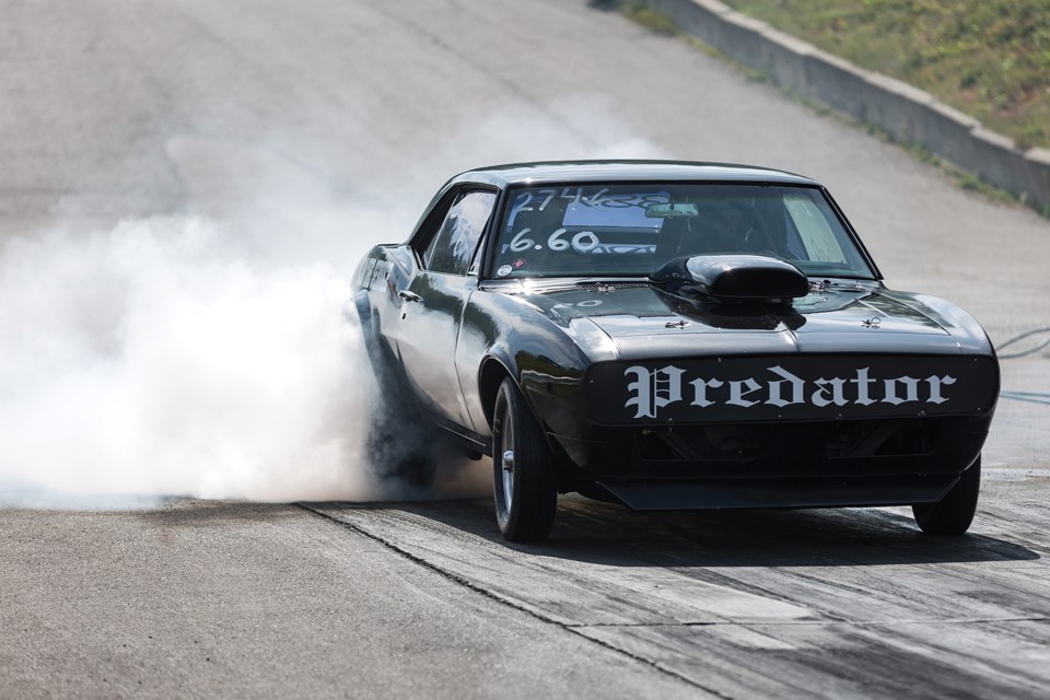 Citizen Photo aby James Doyle/Local Journalism Initiative. A racer warms up their tires before heading to the starting line at NITRO Motorsports Park on Saturday during the first day of racing in the 6th Annual Big Bux Shootout.