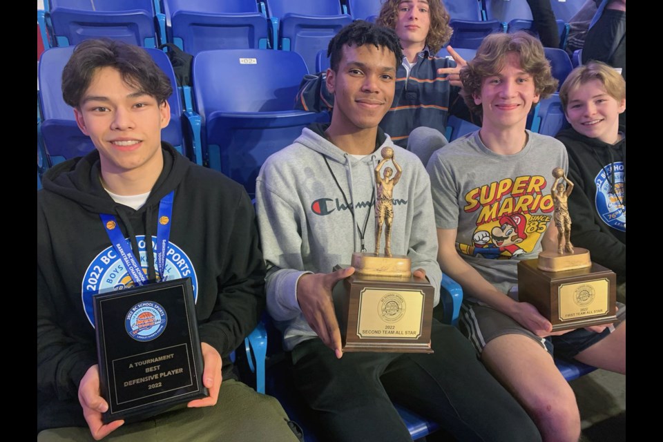 The Cedars Christian Eagles won provincial bronze Saturday in Langley and three Eagles were selected for individual awards. From left are Seth Hulka, picked as the tournament's top defensive player; second-team all-star Tony Kibonge; and first-team all-star Mitch Crosina.