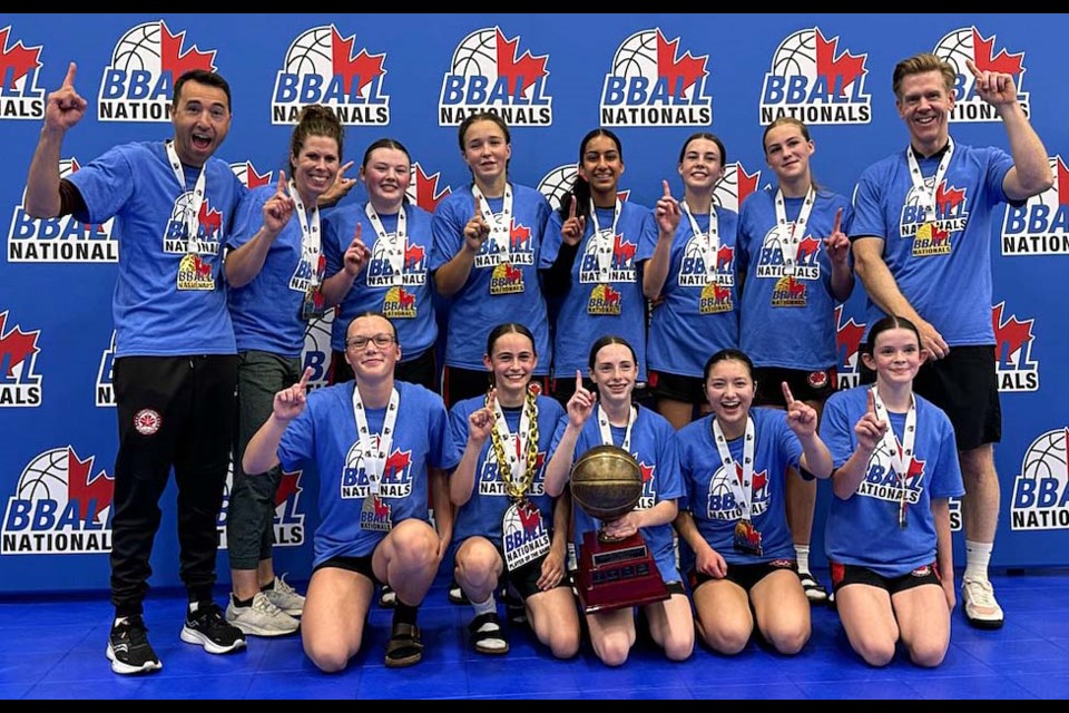 The Northern Bounce U14 girls celebrate their club national gold medal win in Langley. Ana Davis, Merin Wilson, Cadence Hooft, Maeli Kelsh, Abi Popovich, Avery Lodge, Simran Sindhi, Meilin Cai, Sofie Delisle and Abbey Douglass. Head coach: Mike Davis;  Assistant Coaches: Stace Kelsh, Loralyn Murdoch