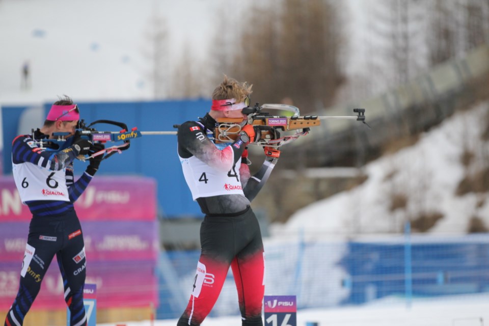 Liam Simons of Prince George takes aim at the shooting range during the 2025 World University Games in Pragelato, Italy.