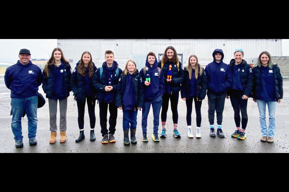 The Prince George cross-country skiers and biathletes and their coaches gather for a group shot before they boarded the bus at CN Centre Wednesday afternoon. They will compete in the 2024 BC Winter Games in Lhatko Quesnel.