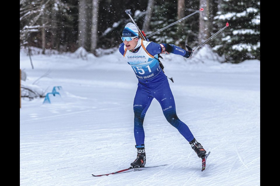 Jean-Nicolas de Broeck of Chelsea, Que., makes the turn into the stadium at Otway Nordic Centre on his way to winning the junior men's pursuit Sunday at the Biathlon Canada Junior/Youth World Championships trials.