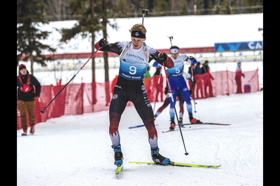 Liam Simons of the Caledonia Nordic Ski Club pushes hard as he climbs on his second lap of the 12.5 kilometre mass start race Tuesday at Otway Nordic Centre.