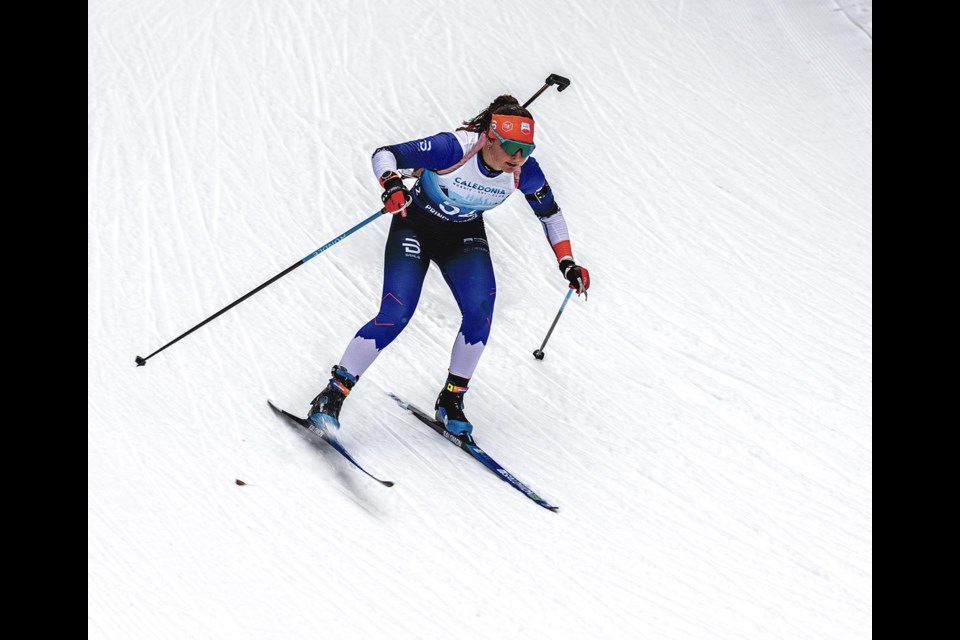 Moira Green of the Caledonia Nordic Ski Club shows her downhill skills on her way to winning the mass start race Tuesday at Otway Nordic Centre.