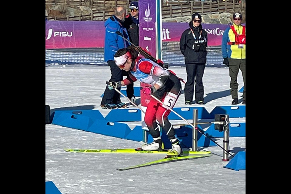 Aliah Turner of Prince George bursts out of the start gate Monday (Jan. 20, 2025) in the women's biathlon pursuit at the FISU World University Games in Turin, Italy. She finished 29th.