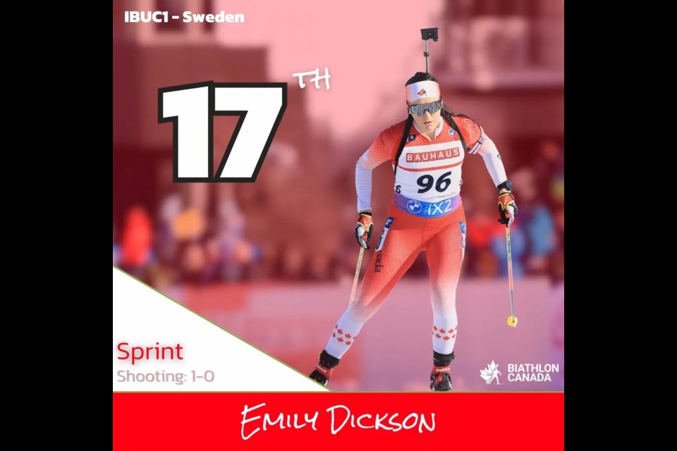 Emily Dickson of Burns Lake placed 17th in Saturday's IBU Cup sprint in Idre Fjall, Sweden.