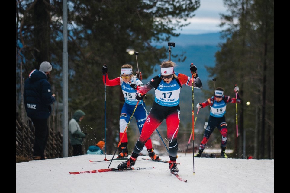 Emily Dickson of Burns Lake leads a pack of skiers in Sunday's pursuit on the IBU Cup biathlon course in Idre Fjall, Sweden.