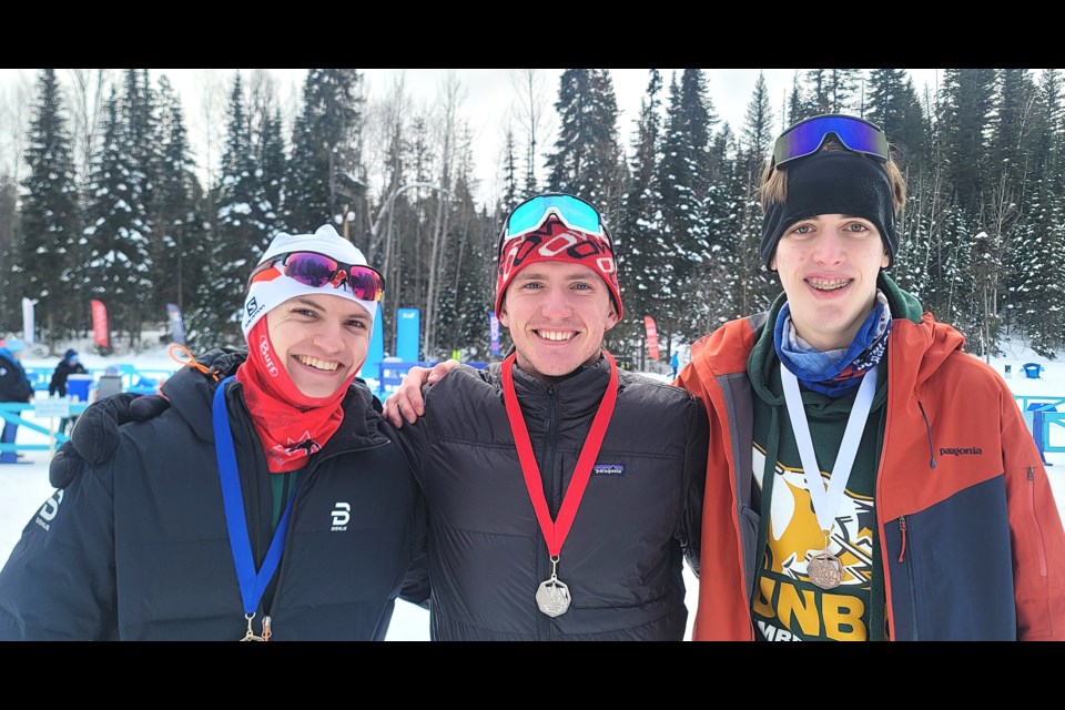 UNBC Timberwolves varsity cross-country ski team members, from left, Nick Veeken, Ben Gadd and Jasper Kohut all won medals in Sunday's Teck BC Cup interval start race at Otway Nordic Centre.