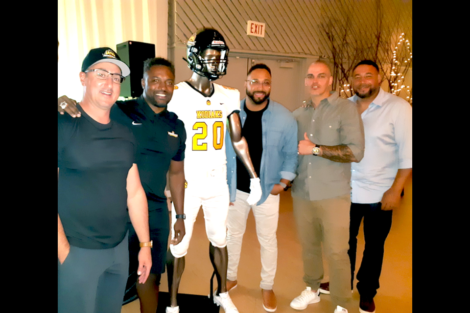 The inaugural Kodiaks Football Club golf tournament at Aberdeen Glen attracted some former CFL pros. From left are Paris Jackson, Kodiaks club president Craig Briere, Kodiaks head coach and director of football operations Keon Raymond, Jason LaRose, Ricky Foley and Will Lofthouse.