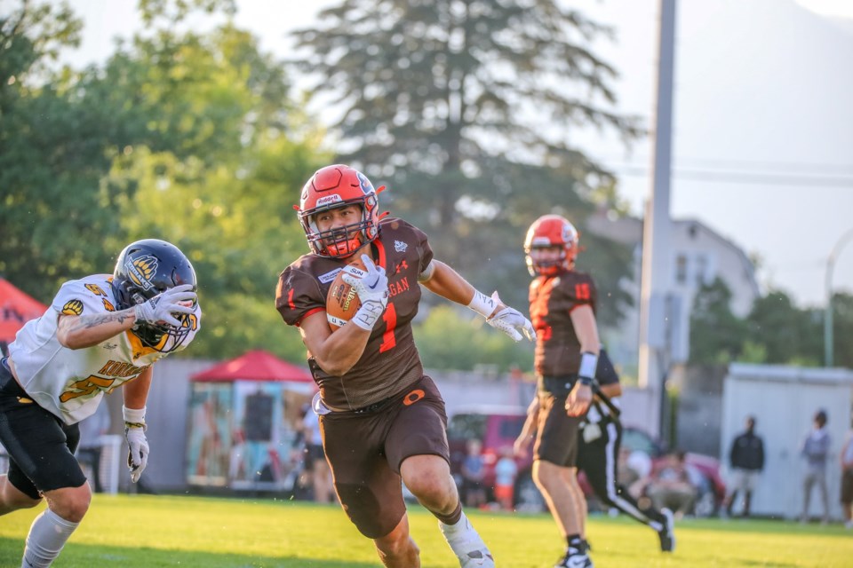 Prince George Kodiaks linebacker Lucas Burgoyne leads the pursuit of Okanagan Sun running back Elelyon Noa during their game Aug. 17 in Kelowna. THe Kodiaks host the Kamloops Broncos at Masich Place Stadium this Saturday at 6 p.m.