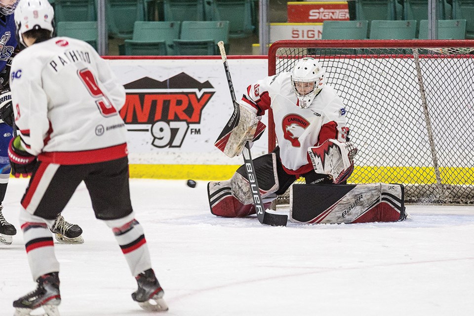 Citizen Photo by James Doyle. Cariboo Cougars goaltender Tysen Smith makes a save against the South Island Royals on Saturday afternoon at CN Centre in the first game of a weekend doubleheader for the two teams.