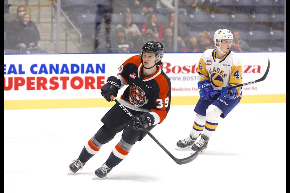 Carlin Dezainde is seen in action with the Medicine Hat Tigers in an undated handout photo.