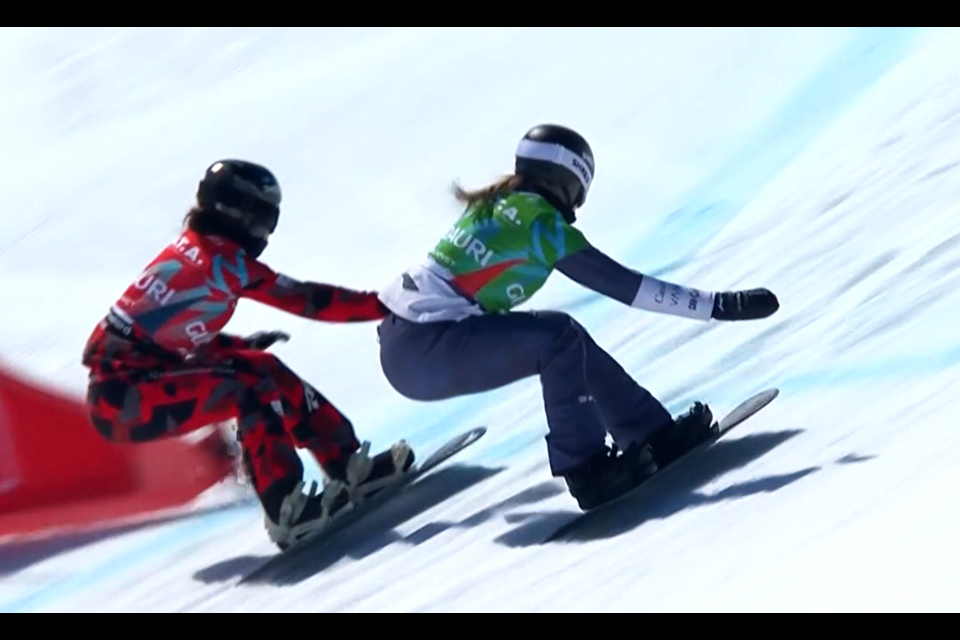 Meryeta O'Dine of Prince George (right) holds her line going around a bend in her quarterfinal round race Sunday at Gadauri, Georgia. O'DIne went on to finish sixth overall.