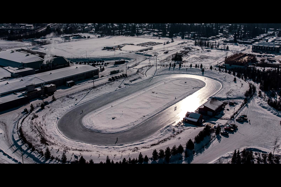 This aerial shot shows the 400-metre ice oval at Exhibition Park.