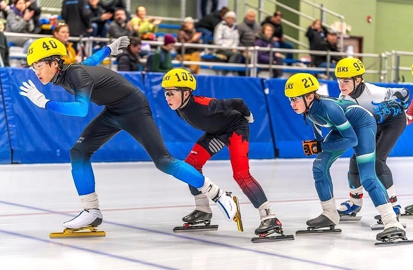 Eli Bernard of the Prince George Bizzard Speed Skating Club (second from right) competes at the BC provincial long track championships in Fort St. John, Jan. 26, 2025.