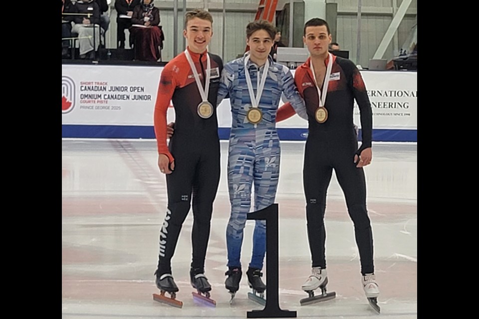 Gold medalist Justin Bessette, centre, was part of podium sweep for Quebec skaters Sunday in the men's 1,000 m final at the Canadian Junior Open short track speed skating championships at Kin 1. On Bessette's right is silver medalist Charles Fortin and at left is Emile Brault, who won bronze.