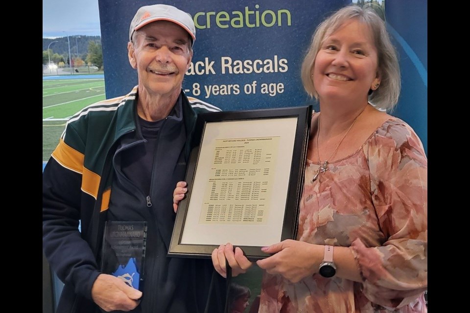 Tuomas Ukonmaanaho, 79, received the Prince George Track & Field Club's inaugural Lifetime Achievement Award from past president, Elena Thomas, for earning countless medals and at least 47 Masters records, 29 which are still current. The awards ceremony took place at Masich Place Stadium on Monday, Sept. 23, 2024.