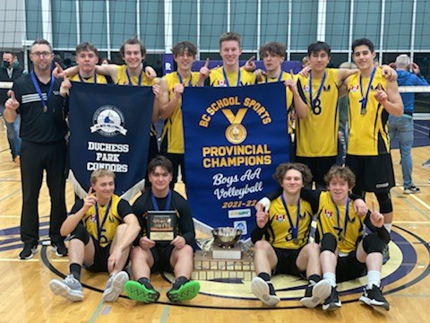 The Duchess Park Condors show off the hardware after winning the B.C. double-A boys volleyball championship Saturday in Victoria, where they beat the Langley Christian Lightning three sets to one.