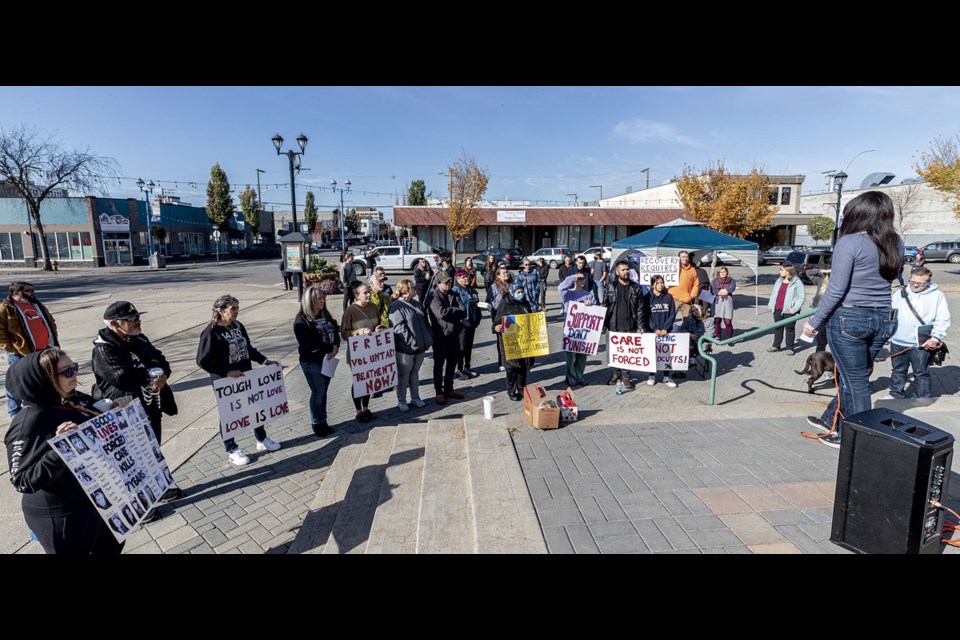 PG Solidarity and others who oppose the BC NDP Leader David Eby's plans to expand involuntary care for people with brain injuries, mental illnesses and severe addictions if re-elected took part in a protest rally in front of the courthouse Friday at noon.