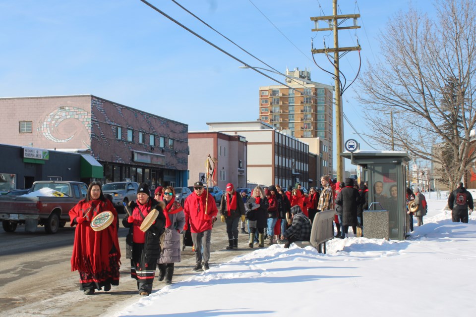 Supporters and marchers at the Women's Memorial March make their way to the courthouse. on Friday, Feb. 14, 2025 in Prince George, BC.