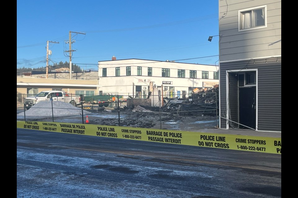 Rubble is all that remains of the former City Second Hand store on Jan. 17, 2025 in Prince George, BC. The building went up in flames the day before.