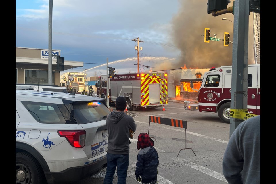 Prince George fire crews deal with a blaze at a vacant building at the corner of 4th Avenue and Dominion Street on Thursday, Jan. 16, 2025.