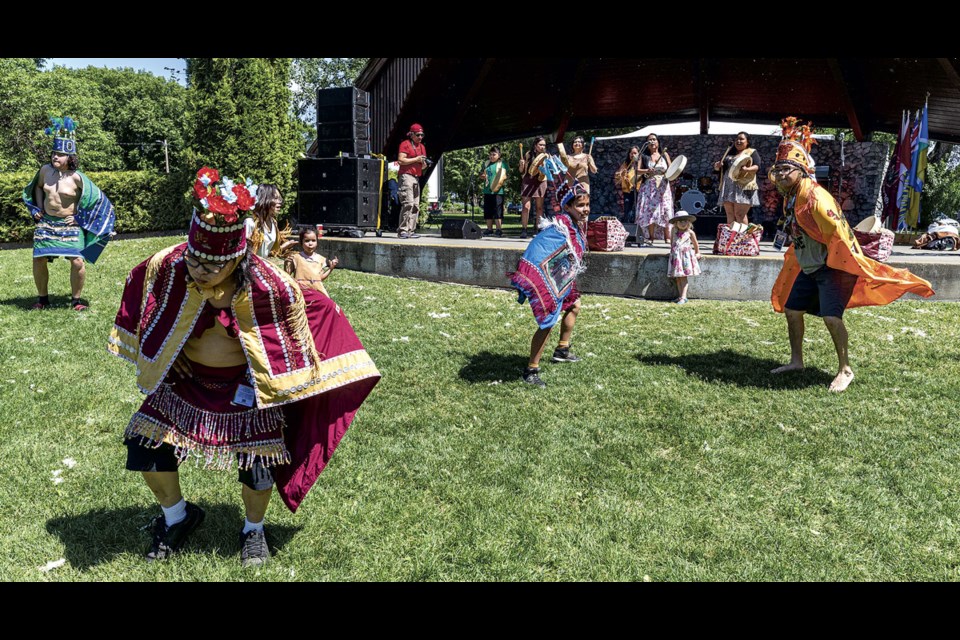 The Old Fort Traditional Dancers, from Babine Lake, brought their dancing, drumming and singing to the stage at Lheidli T'enneh Memorial Park during the 2024 National Indigenous Peoples Day celebration on Friday, June 21, 2024 in Prince George, B.C. The park was full with over two dozen vendors and food trucks taking part as well as full slate of entertainment in the band shell from noon to 8 p.m.