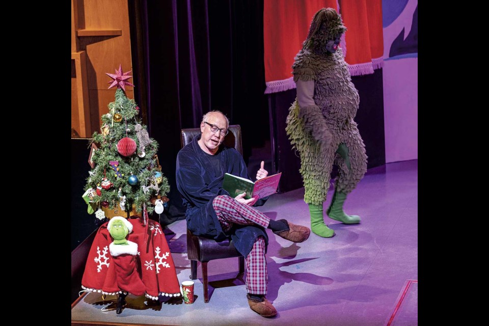 The narrator, played by Richard Bjarnason, introduces the Grinch in the Nove Voce Choral Society production of How The Grinch Stole Christmas on Saturday, Nov. 30, 2024 in Prince George, BC.