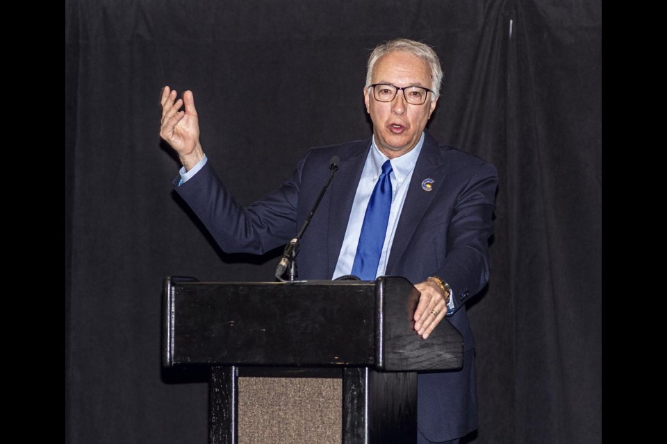 Opposition Leader John Rustad takes shots at Premier David Eby's speech of the night before and his policies at a breakfast meeting on the second day of the BC Natural Resources Forum Wednesday, Jan. 15, 2025.