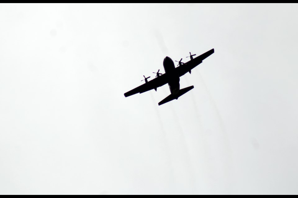 A Canadian Forces Hercules circles over Prince George, B.C. on Monday, July 29, 2024.